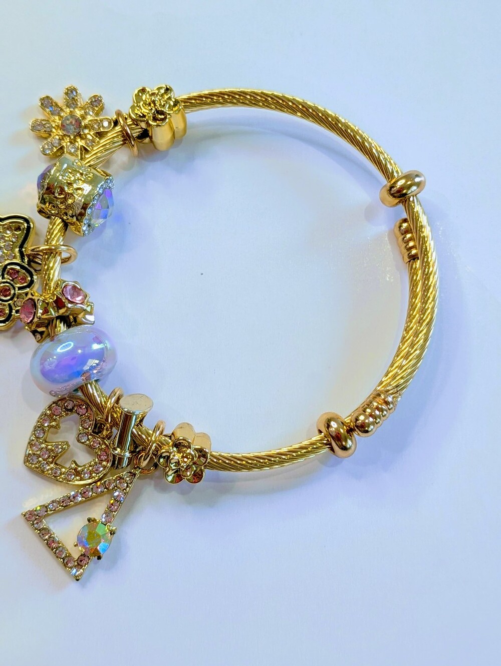 Hello Kitty Gold Charm Bracelet Sanrio Pink Rhinestone Crystal Heart Jewelry - Picture 8 of 8